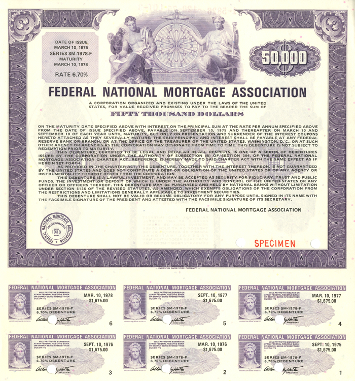 Fannie Mae - Federal National Mortgage Association - FNMA - 1975 dated American Banknote $50,000 Specimen Bond